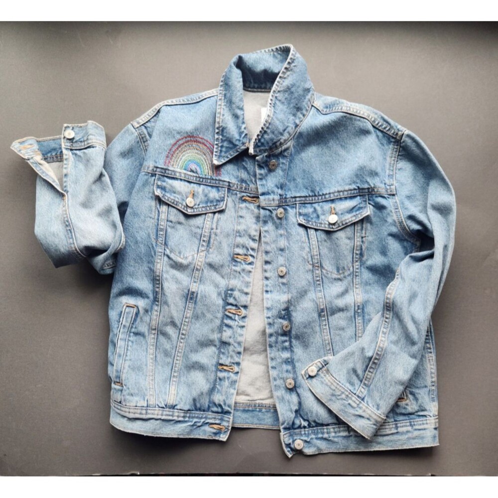 Old Navy Pride Denim Jean Jacket M Womens Boyfriend Blue Rainbow